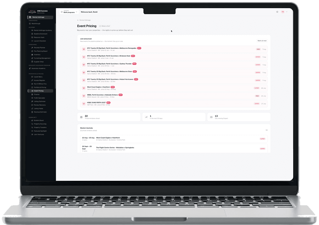 The BNB Success Mentorship member platform open on Event Pricing, with the full tool sidebar down the left