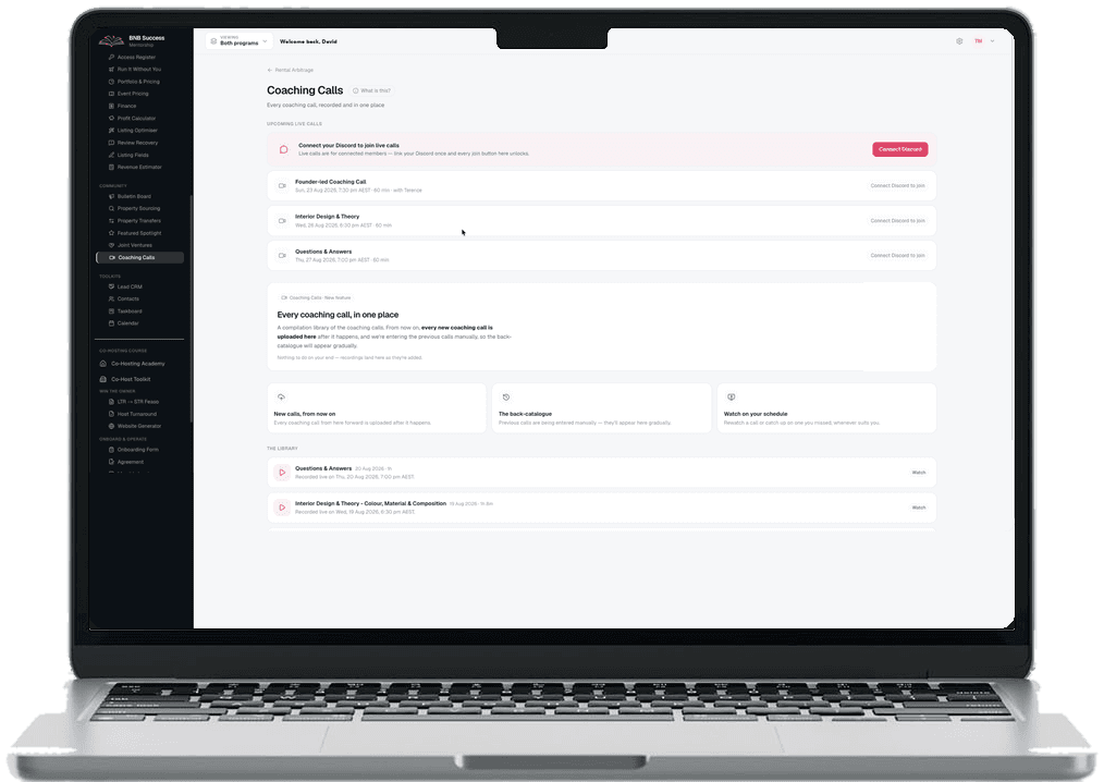 The BNB Success Mentorship member platform open on Coaching Calls, showing upcoming live calls and the recorded library